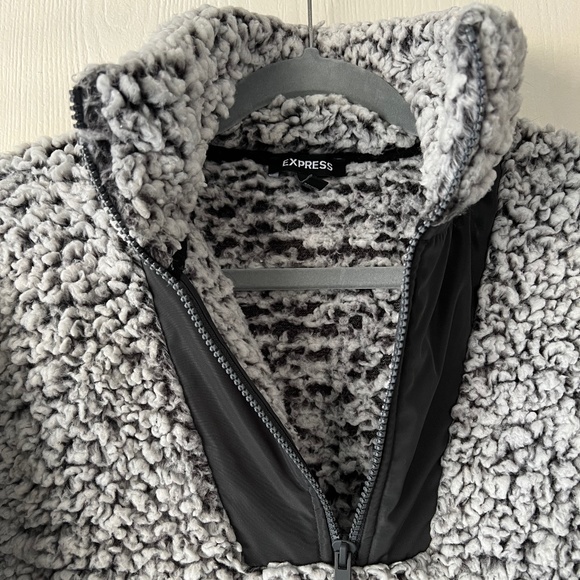 Express Kangaroo Pocket Gray Sherpa Sweater - Picture 2 of 7